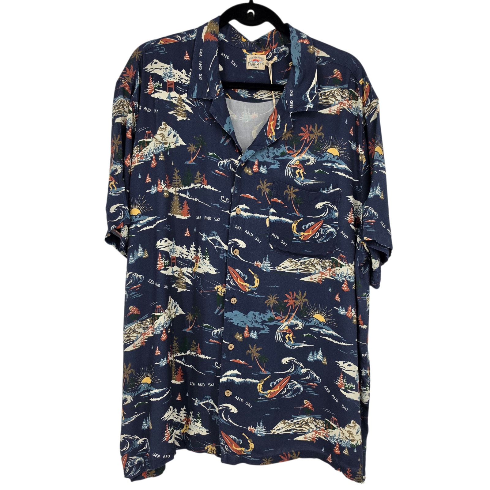 Nwt Faherty Navy Sea To Ski Short Sleeve Button Up Rayon Camp Shirt Size 2xl